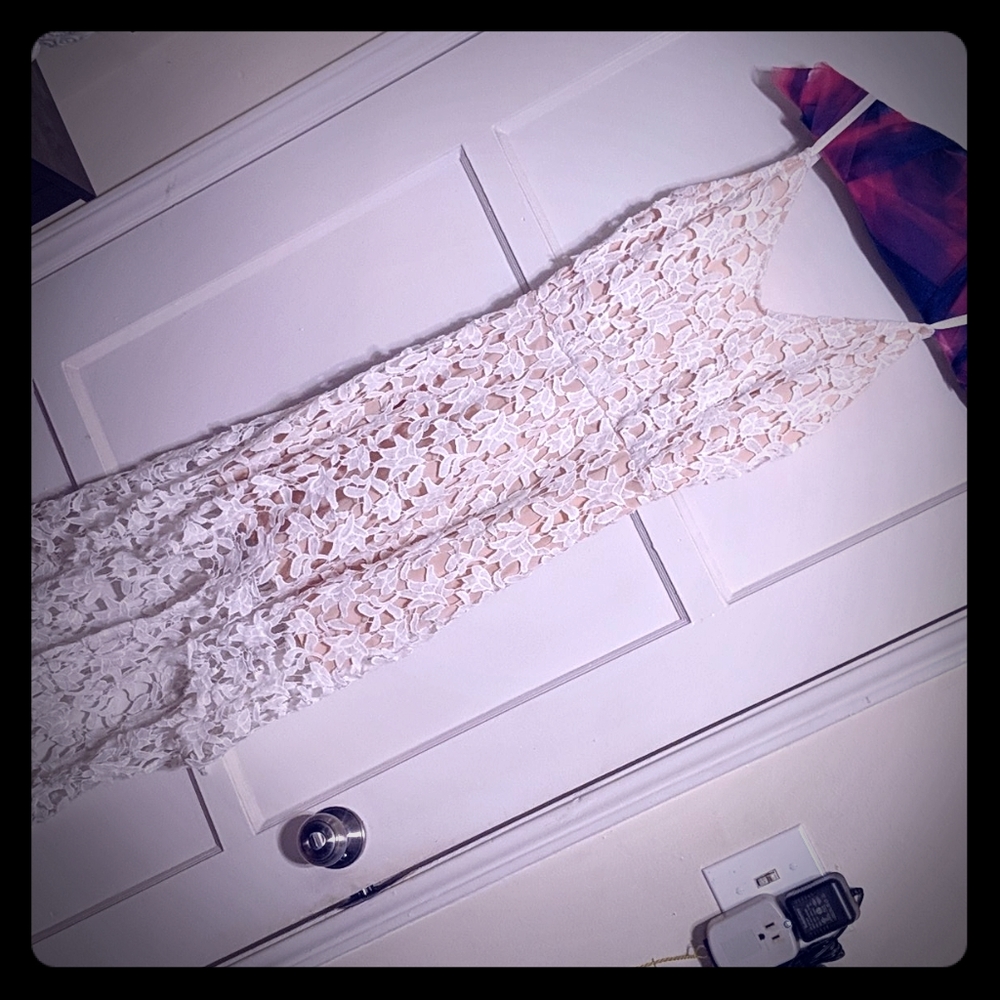 White and nude high-low, spaghetti strap dress